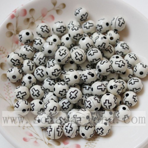 Round solid wash acrylic beads with cross pattern