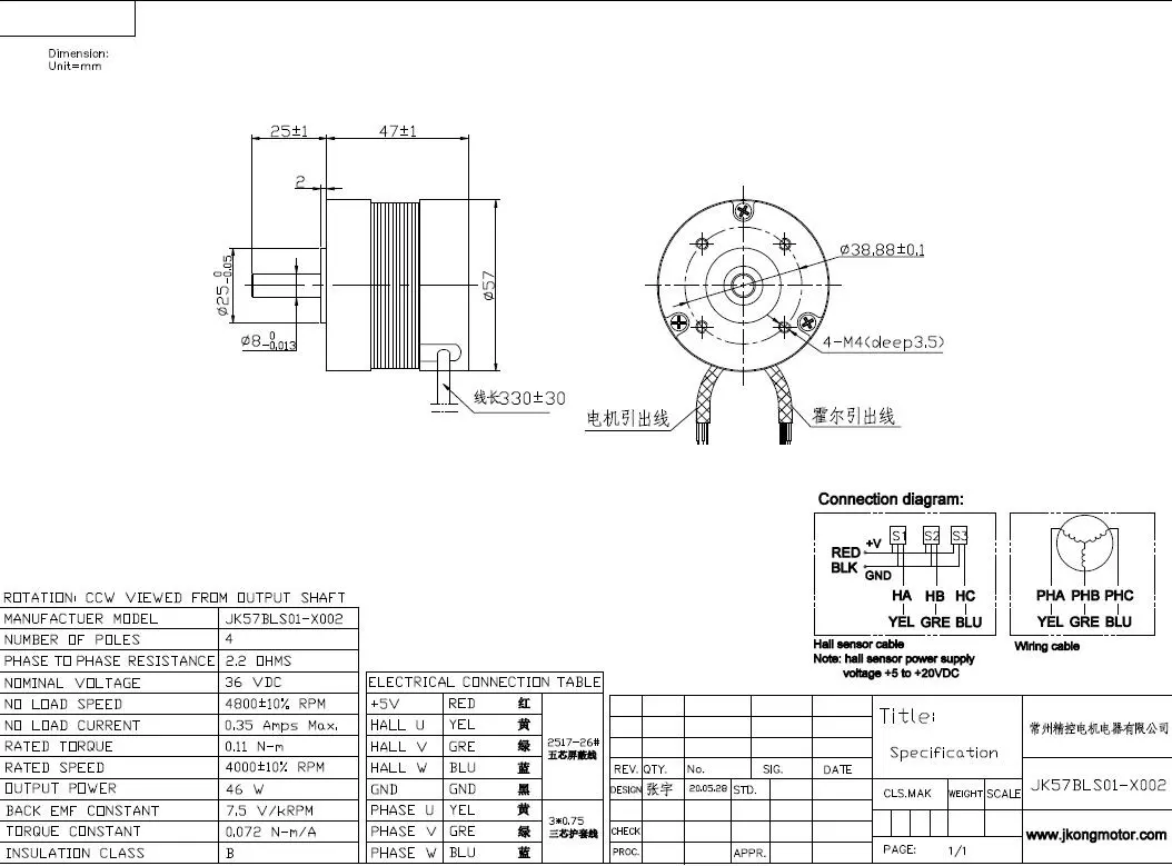 Textile Machine Motor 46W 57mm 36V Brushless BLDC Motor