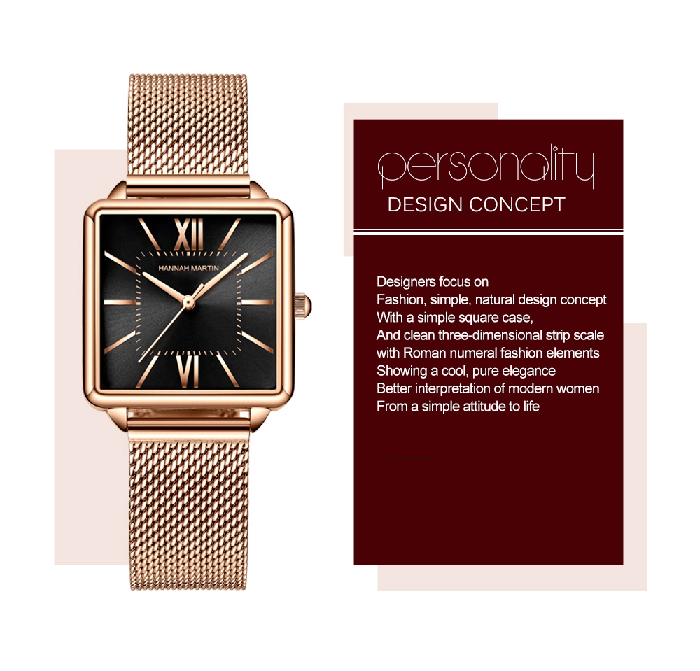 Hannah Martin 1082 Women Watches Quartz Watch Square Rose Gold Fashion Wristwatches Steel Mesh montre femme Hot Sale