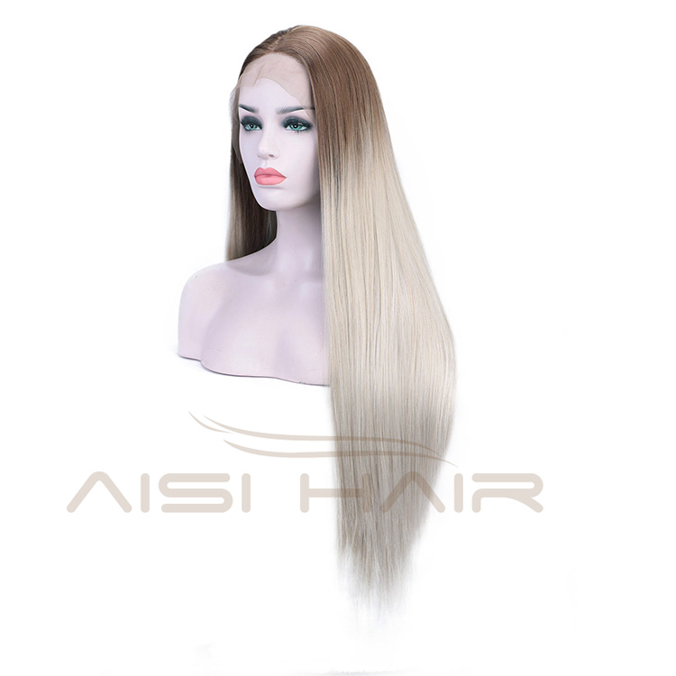 Aisi Hair Silky Straight Synthetic Lace Front Wigs Ombre Brown to Gray Heat Resistant Wigs Lace Front Middle Part Wig for Women