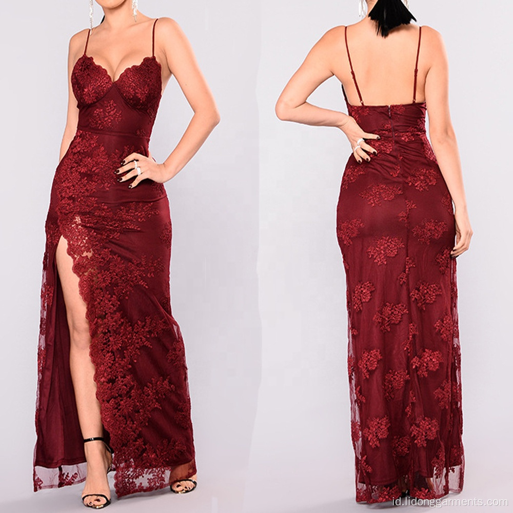 Long V-Neck Lady Lady Formal Malam Gaun Merah