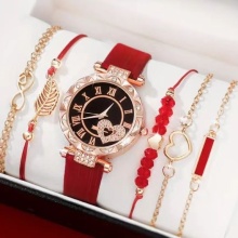 Women's Diamond-Studded Dial Watch with PU Leather Strap Set