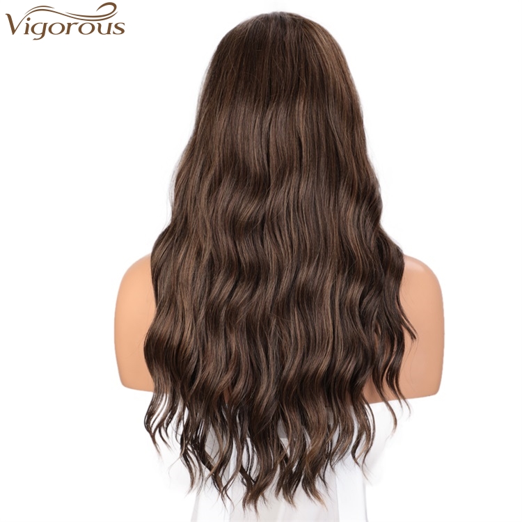 Vigorous Top Quality Lace Front Middle Part Brown Wigs Long Body Wavy Synthetic Wigs Heat Resistant Fiber Wholesale