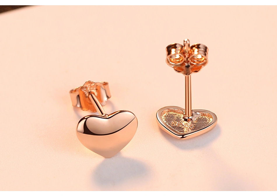 Charming Love Heart Rose Gold Genuine 925 Sterling Silver Stud Earrings