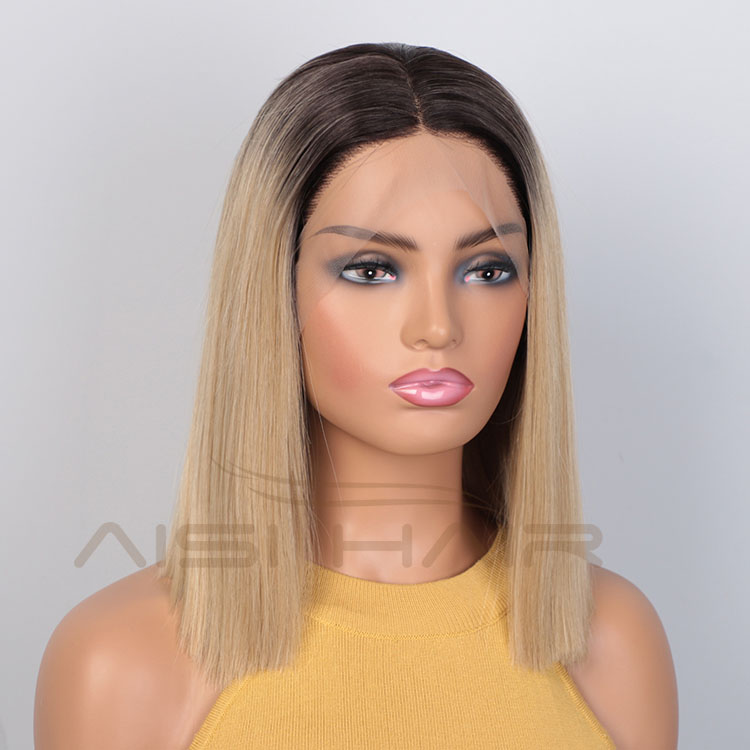 Aisi Hair Wholesale Short Ombre Blonde Dark Root Bob Wig Swiss Lace Wig Cheap Synthetic Lace Front Wigs For Black White Women