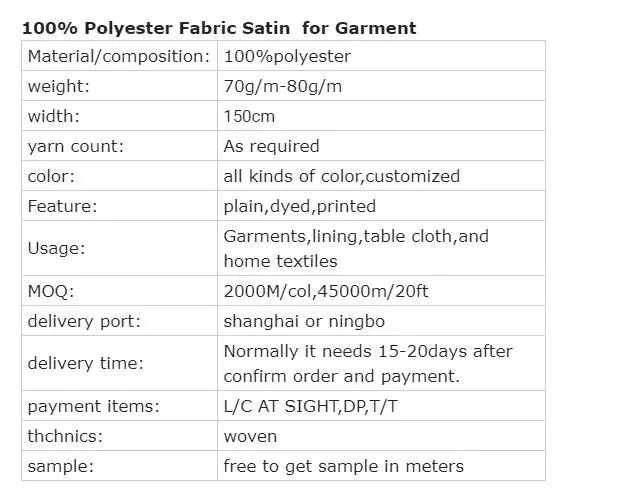 100% Polyester Fabric Satin for Garment