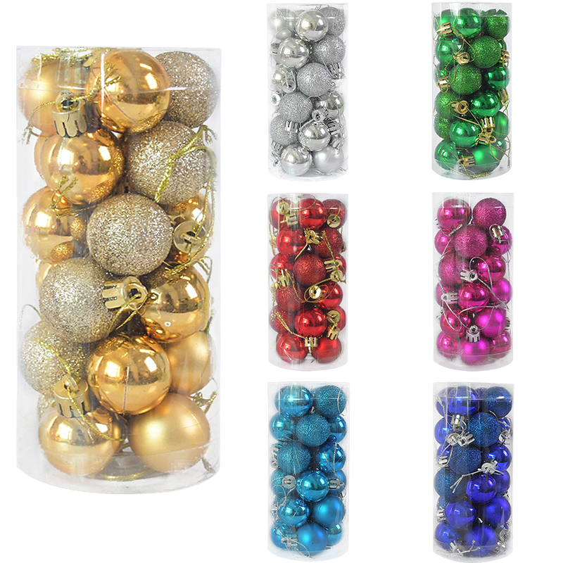 24pcs 3cm Christmas Tree Decor Ball Glitter Gold Silver Plastic Hanging Pendant Decorations For Home Xmas Tree Wreath Ornament