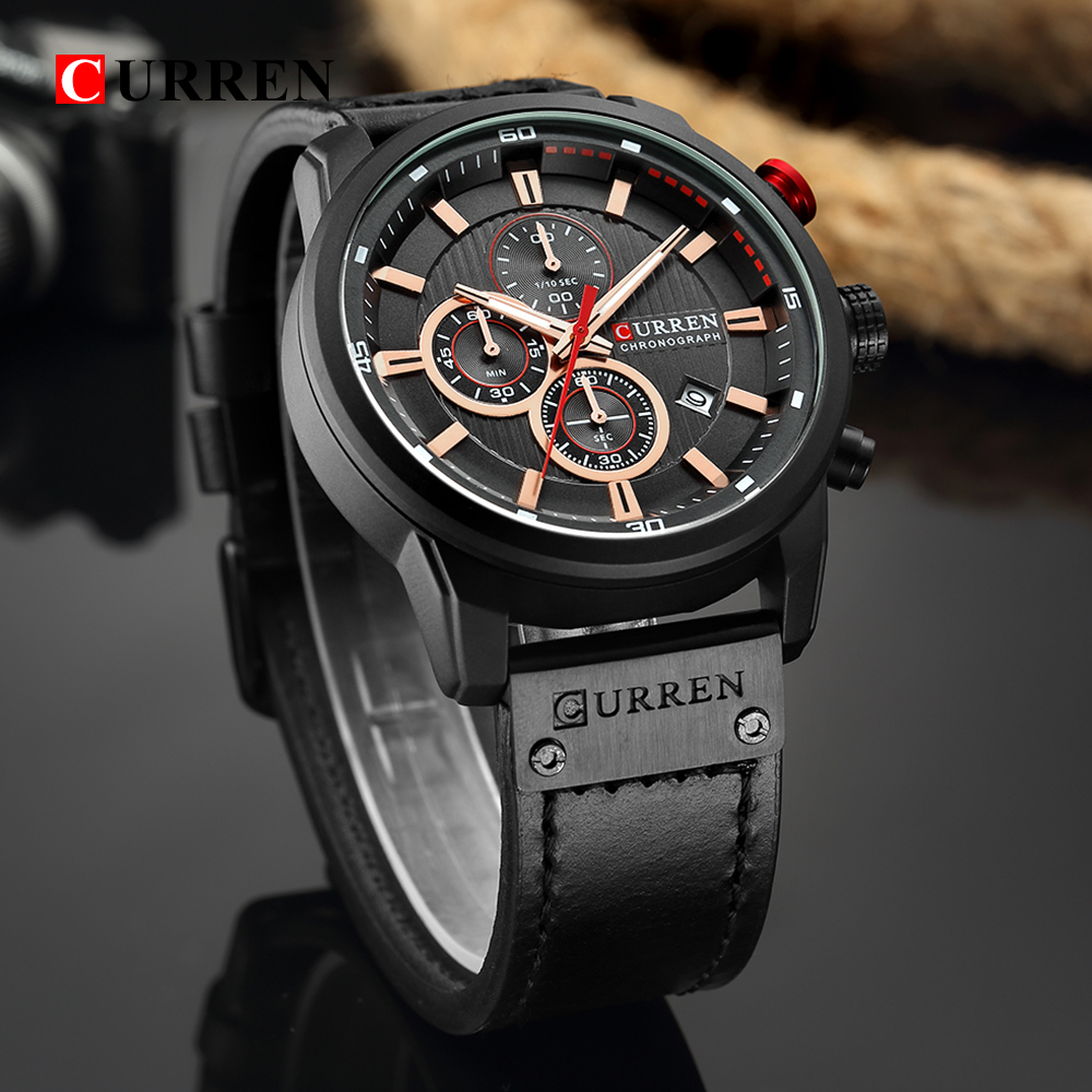 Curren 8291 Hot Sale Men Quartz Watch Chronograph Wristwatch Sports Military Leather Strap Waterproof