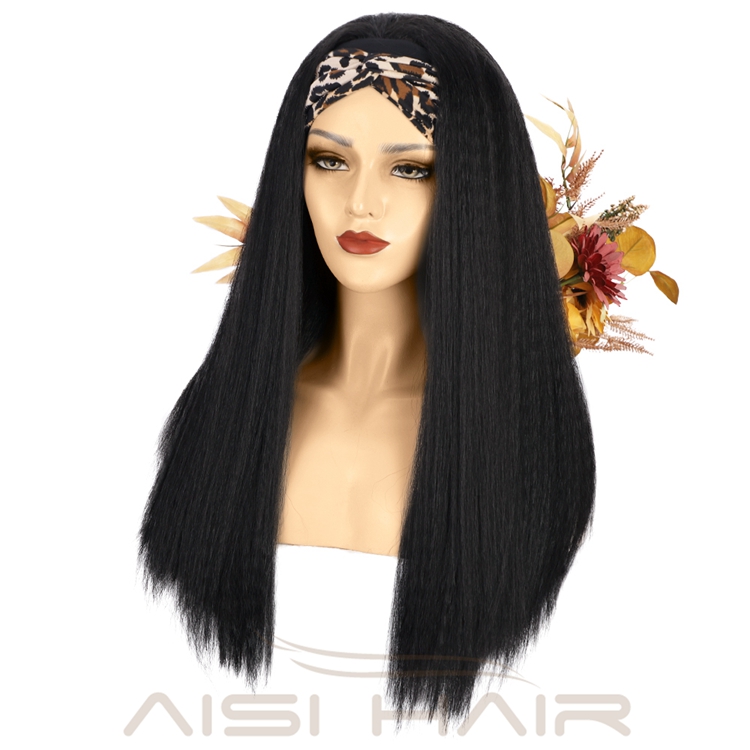 2021 Best Quality Wholesale Long Yaki Glueless Synthetic Wigs Grip Adjustable Headband Attached For Women Brazillian None Lace