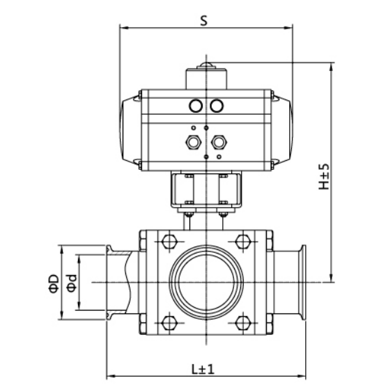 DIN Sanitary pneumatic square three way ball valves