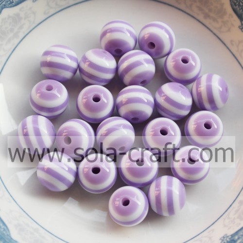500Pcs 8MM Light Purple White Striped Resin Charm Round Spacer Beads Jewelry Findings