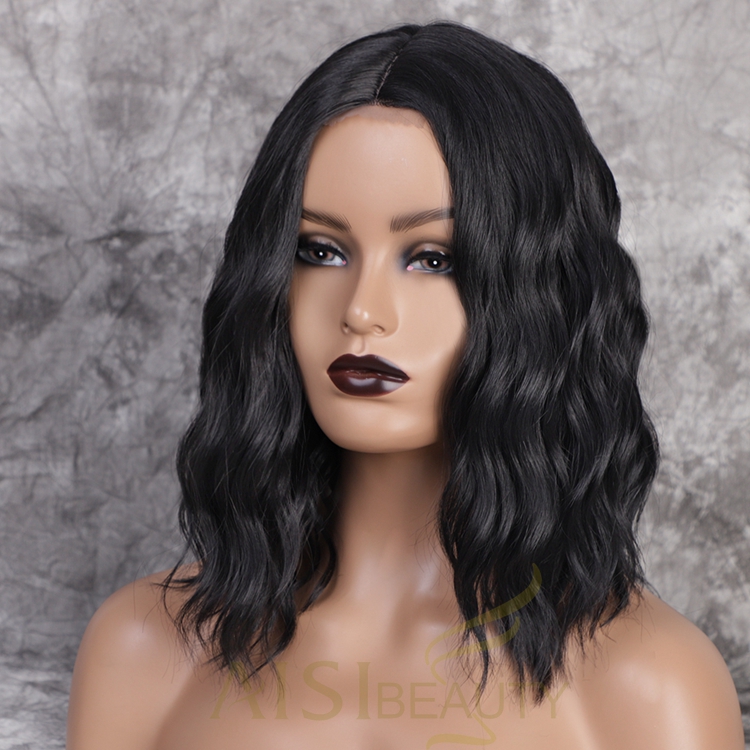 Aisi Beauty Wholesale 16 Inch Short Wavy Black Cheap Bob For Black Women Swiss Lace Front Synthetic Hair Wigs