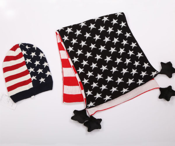 Acrylic Knitted Us Flag Star Jacquard Hat and Scarf