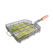 Outdoor Portable Stainless Steel Grill Net Basket with wood handle non stick kabob grilling baskets for Fish Vegetables Shrimp