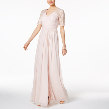 best selling pleat pink lace bodice chiffon long maxi one piece women summer party dress