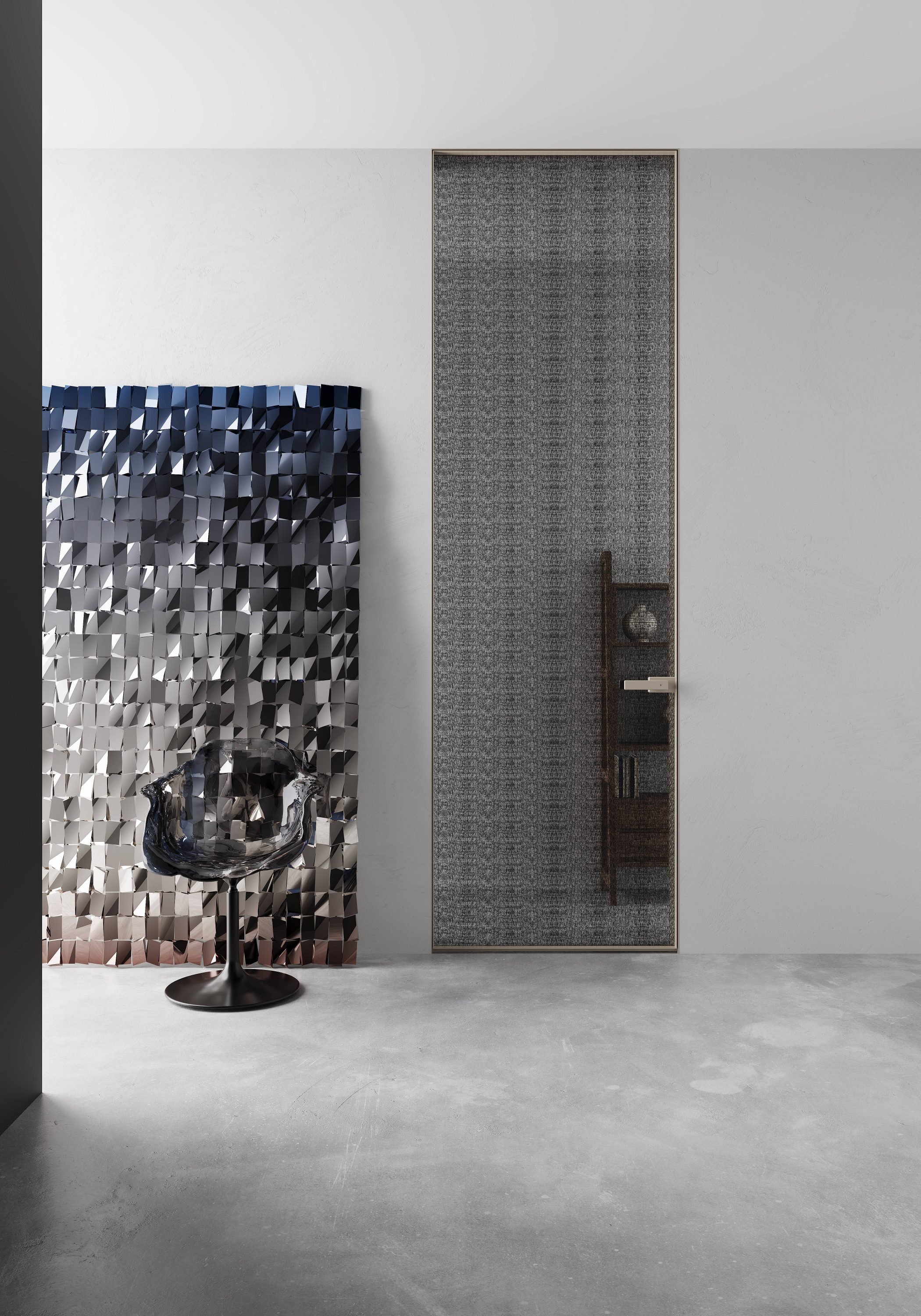 Porta giratória de vidro com moldura fina Equinox em composição artística de parede