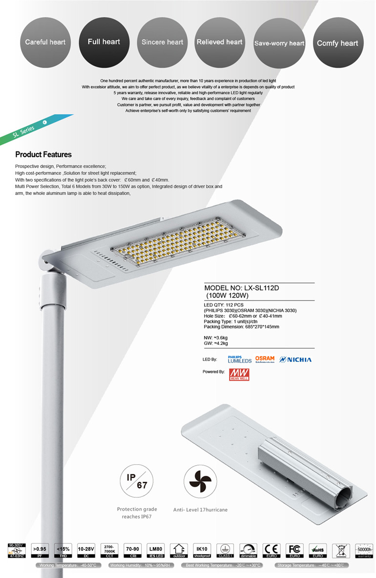 China Supply SL-D Series Module 20W to 220W Streetlights High Quality Adjustable Angle LED Street Light 100W