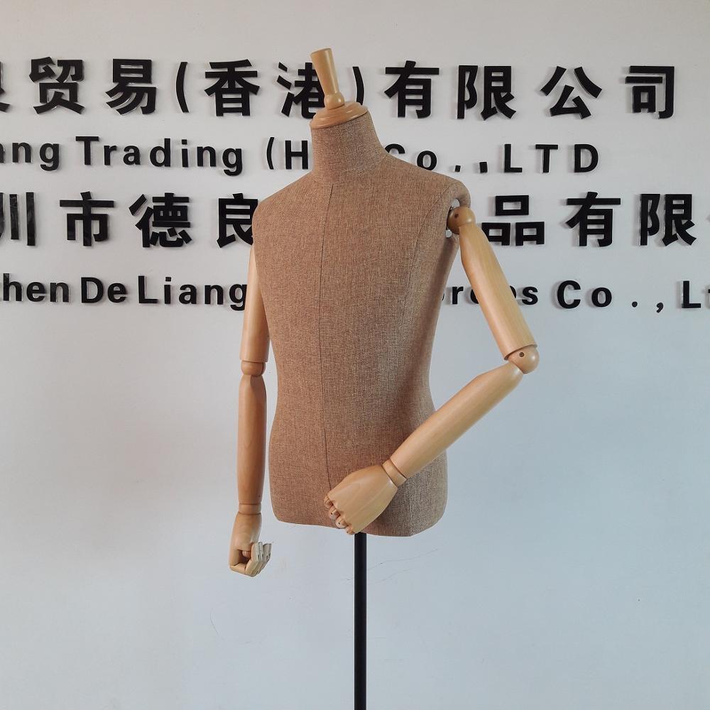 Fabric covered male dress form bust torso mannequin for tailors with wooden arms, high quality male dress form mannequin