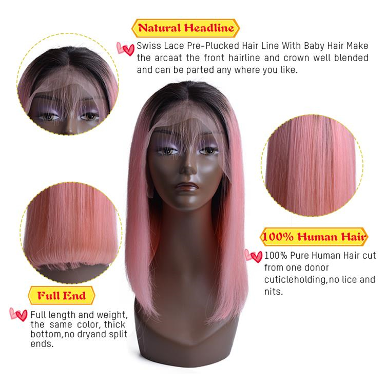Cheap Raw Virgin Hair Short Bob Wigs Ombre Peruvian Hair Wigs Pink Lace Front Human Hair Wigs For Black Women