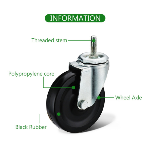 나사산 줄기 검은 고무 휠 캐스터