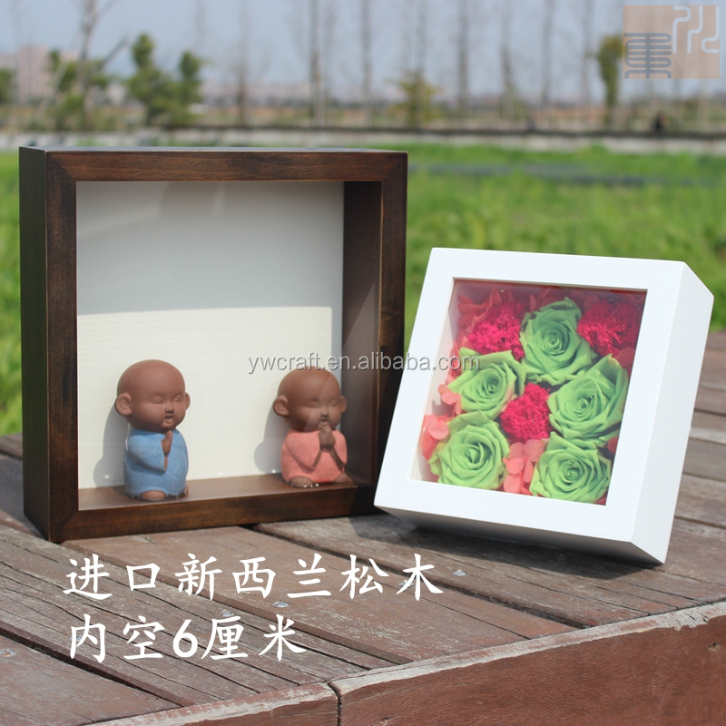 Walnut color wood minifigs cabrite specimen decoration 3D deep preserved fresh flower shadow box photo picture frame