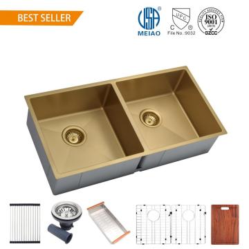 PVD-handmade Sinkel Gouden Double Bowl Kitchen Sink