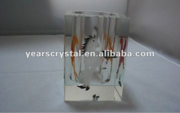 Nice horse colored engraved crystal glass pencil holder (R-1311
