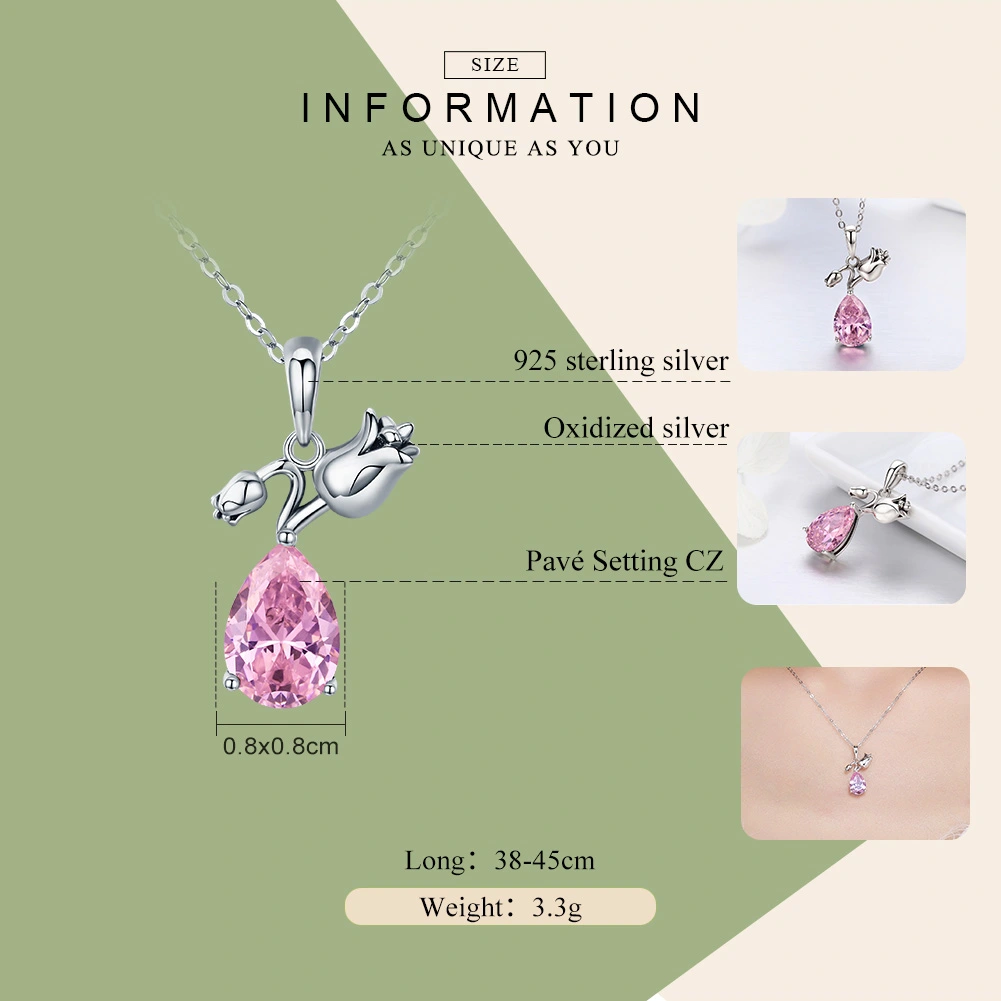 Romantic Rose Flower Pink Water Drop CZ 925 Sterling Silver Chain