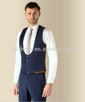 2014 Men's blue plain 4 button scoop waistcoat