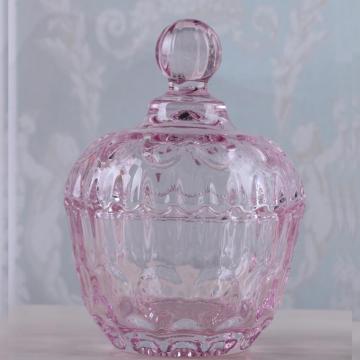 Round Pink/Clear Glass Candy Jar With Glass Lid