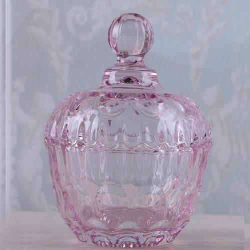 Round Pink/Clear Glass Candy Jar With Glass Lid