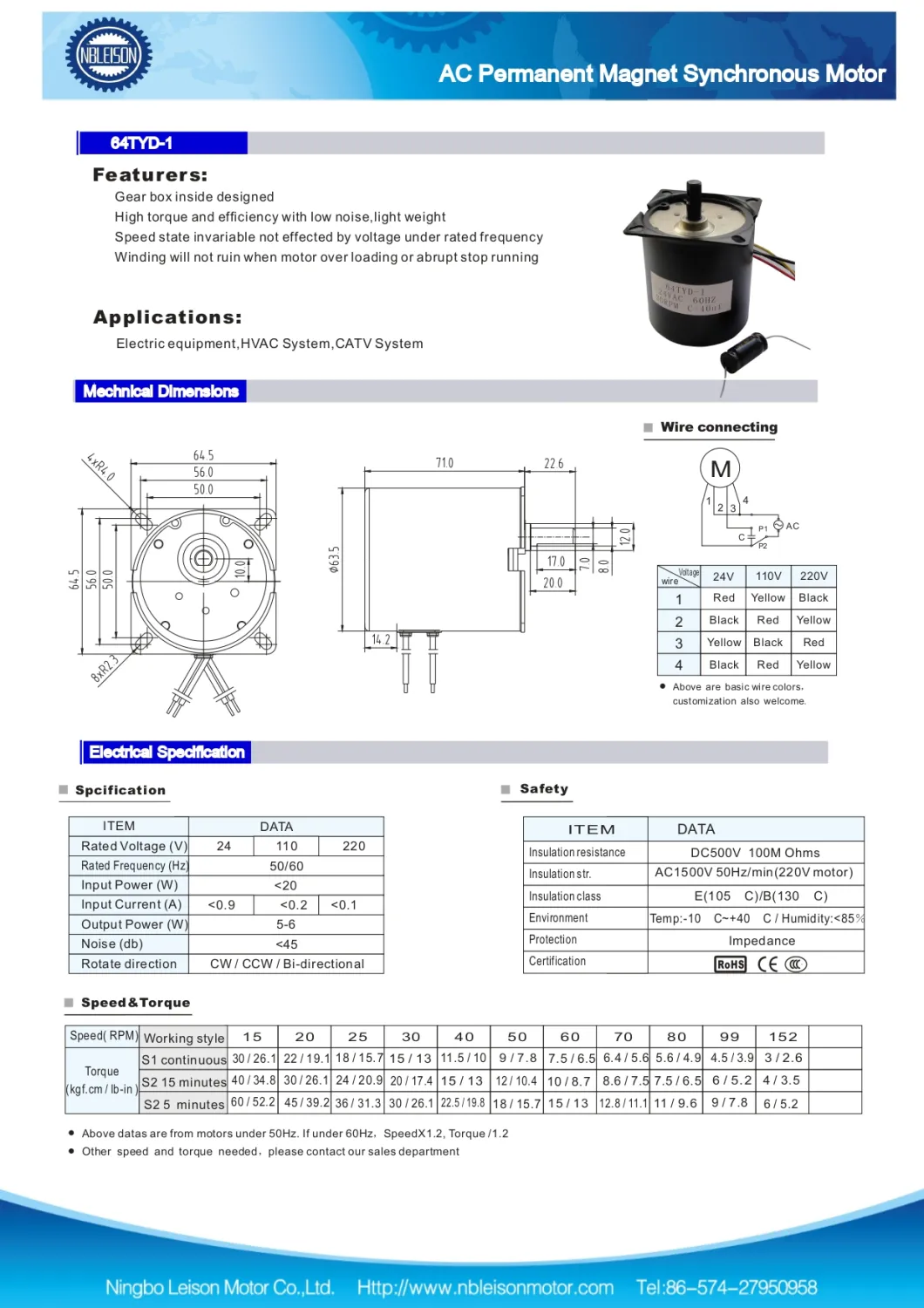 64tyd-1 Small Electric 110V AC Motor with Gearbox 5rpm for HVAC System