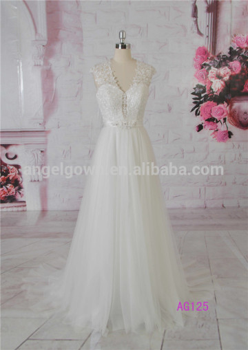 A-line V-neck sleeveless beaded sash bridal dress