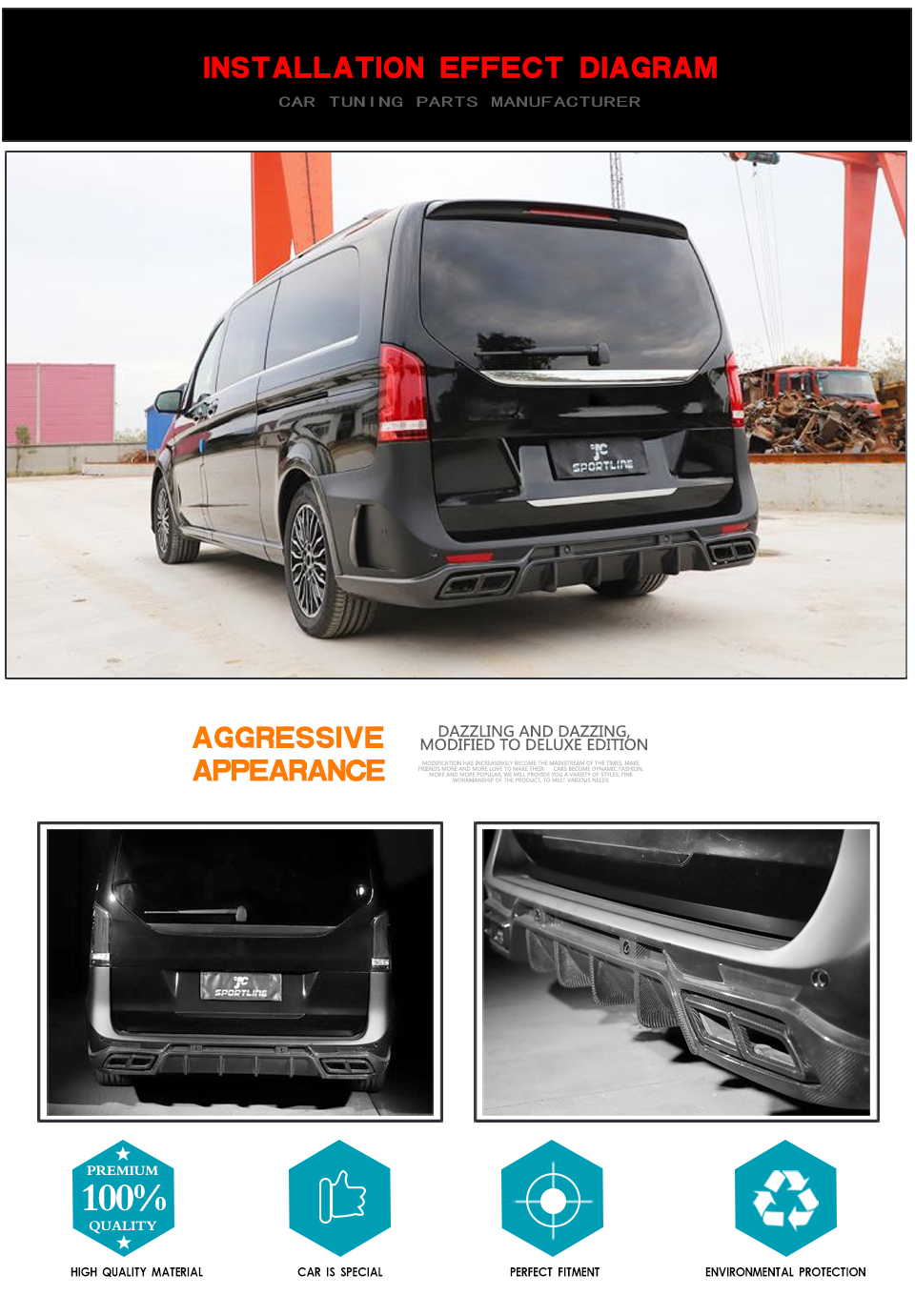 Carbon Fiber V-Class W447 Rear Car Bumper for Mercedes Benz Vito V220 V250 Van 15-19