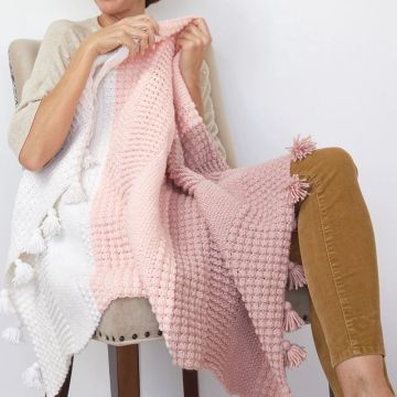 Couverture Carrée 100% Coton Rose Crochet Blanc