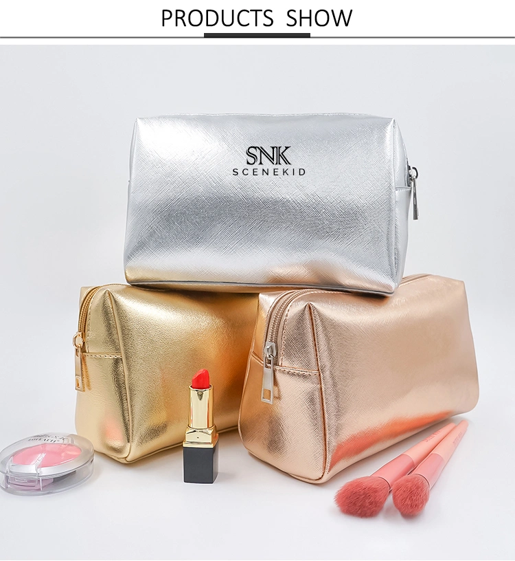 Luxury Modella Small Cross Stripe PU Leather Cosmetic Bag Women, Travel Rose Gold Makeup Bag Custom Private Label Metal Logo