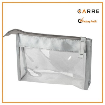 new promotional silver satin top cosmetic clear PVC travel pouch