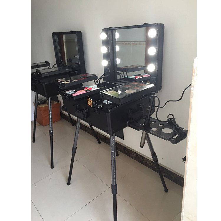 Large Rolling Makeup Case with LED Light Mirror Adjustable Legs Lockable Train Table Studio Artist Cosmetic