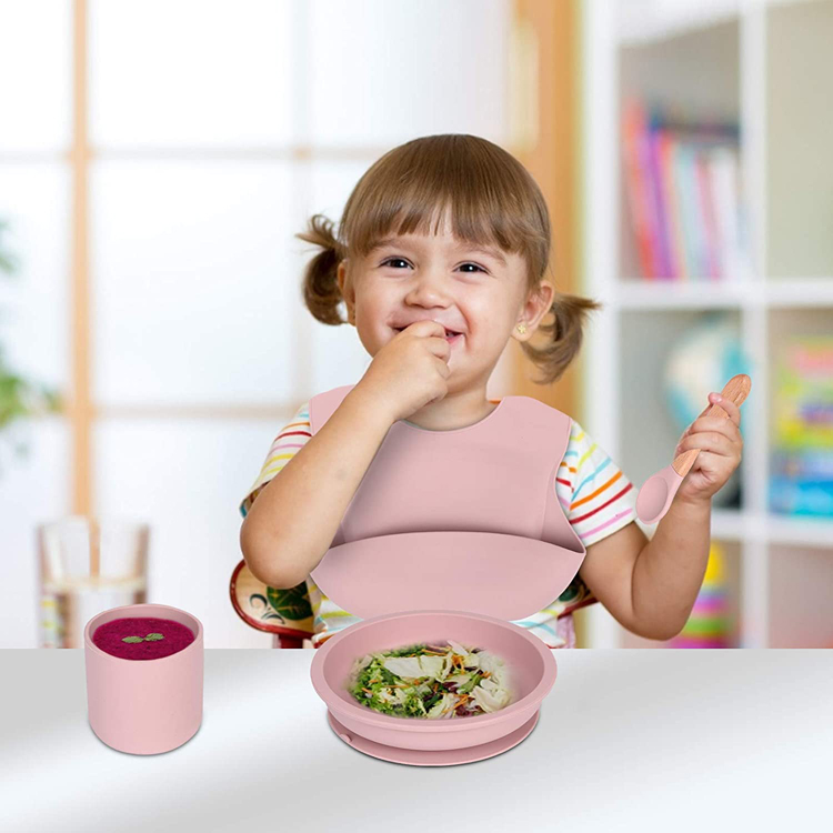 2021 Best Seller Baby Tableware Feeding Set Silicone Unbreakable Dinner set With Snack Cup Bowl Spoon and Bib