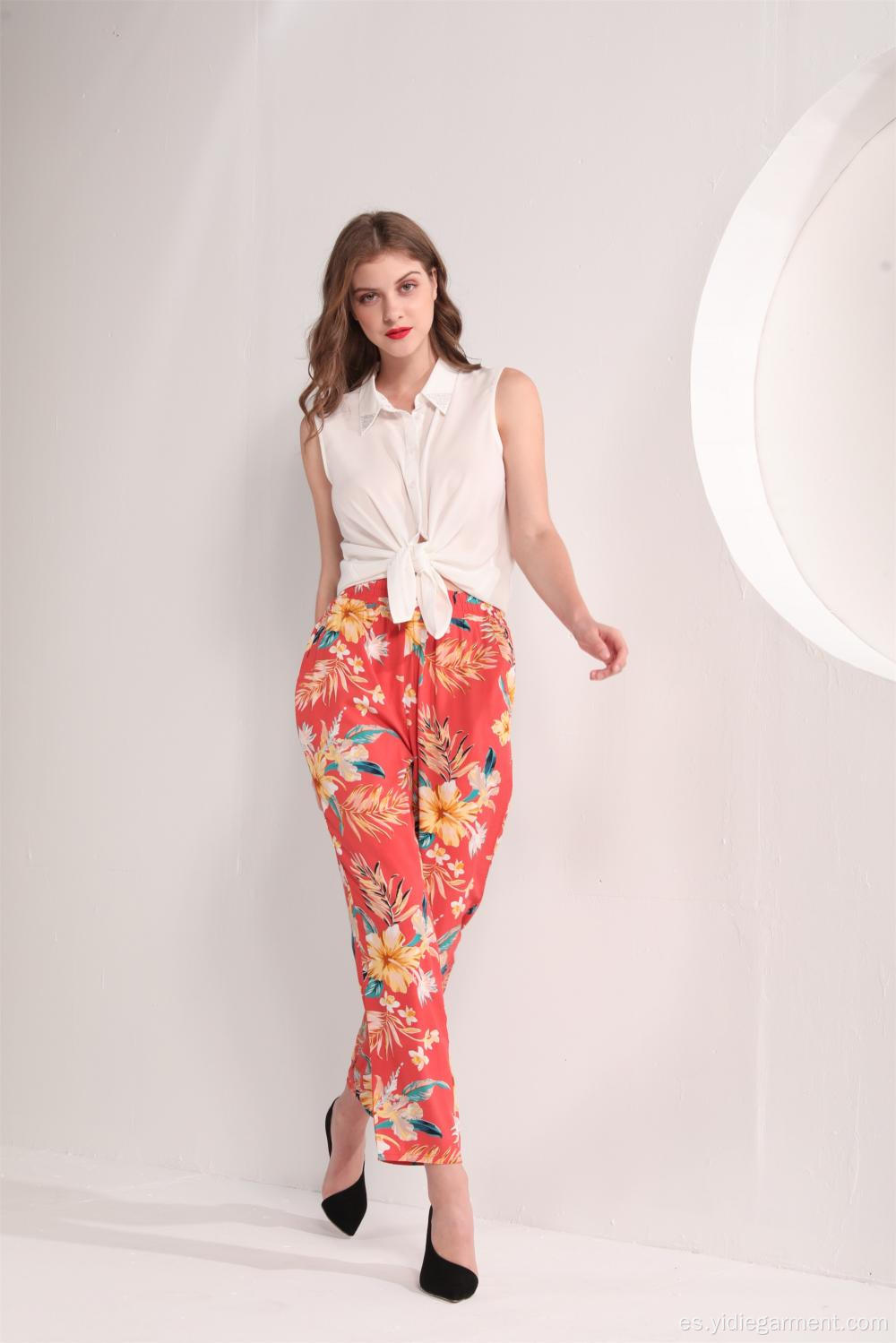 Pantalones de tobillo con estampado floral tropical para mujer