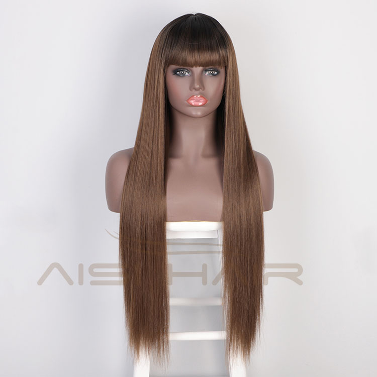 Aisi Hair Cheap Wholesale Vendor Long Straight Natural Wave Ombre Brown Wig With Bangs For Black Women Synthetic Hair Wigs