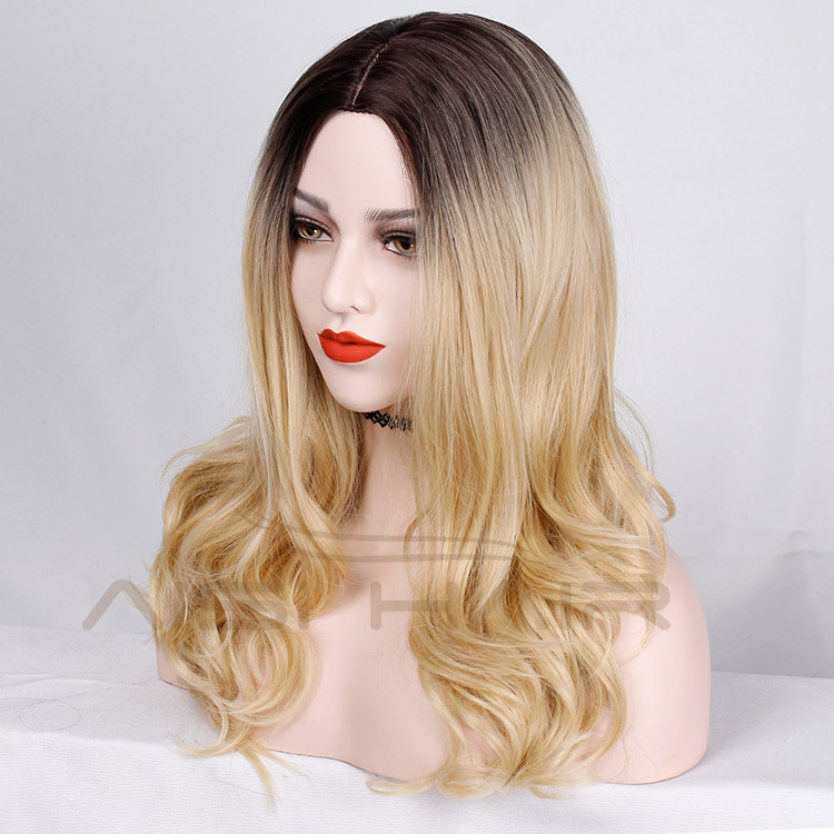 Aisi Hair Long Ombre Blonde Dark Root Middle Part Wave Wigs Heat Resistant Synthetic Fiber Cosplay Wigs for Black White Women