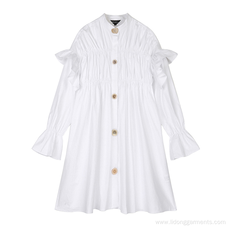 Women Casual Fashion White Button Dress Long Sleeve