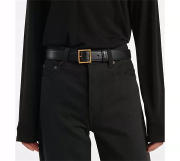 Gold Silver Square Buckle Classic Black Leather Belt