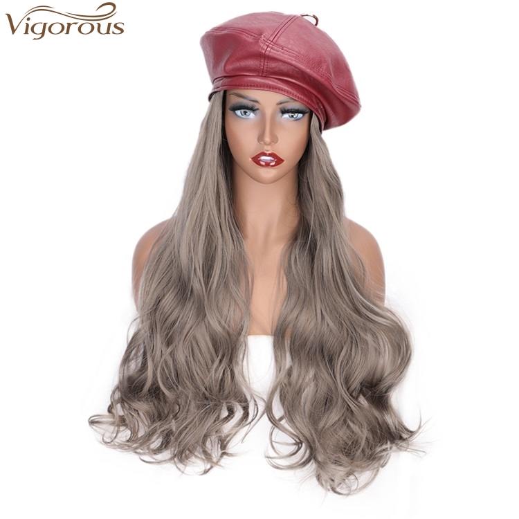 Vigorous Gray Wig With Red hat for Women Synthetic Hair Extensions Wavy Heat Resistant Fiber Hair Extension Wigs