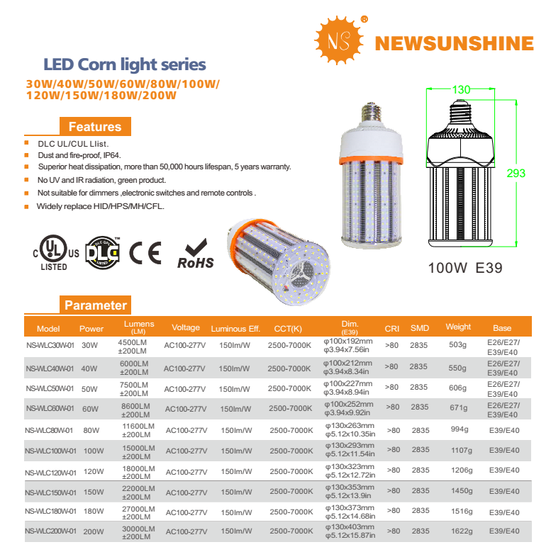 500W Equivalent LED Corn Light Bulb 5500 Lumen 6500K 60W Large Area Cool Daylight White E26/E27