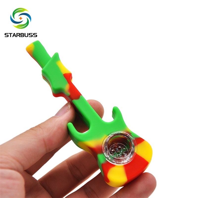 Guitar shape design silicone weed smoking pipe tobacco colorful weed pipe with glass bowl smoking accessories