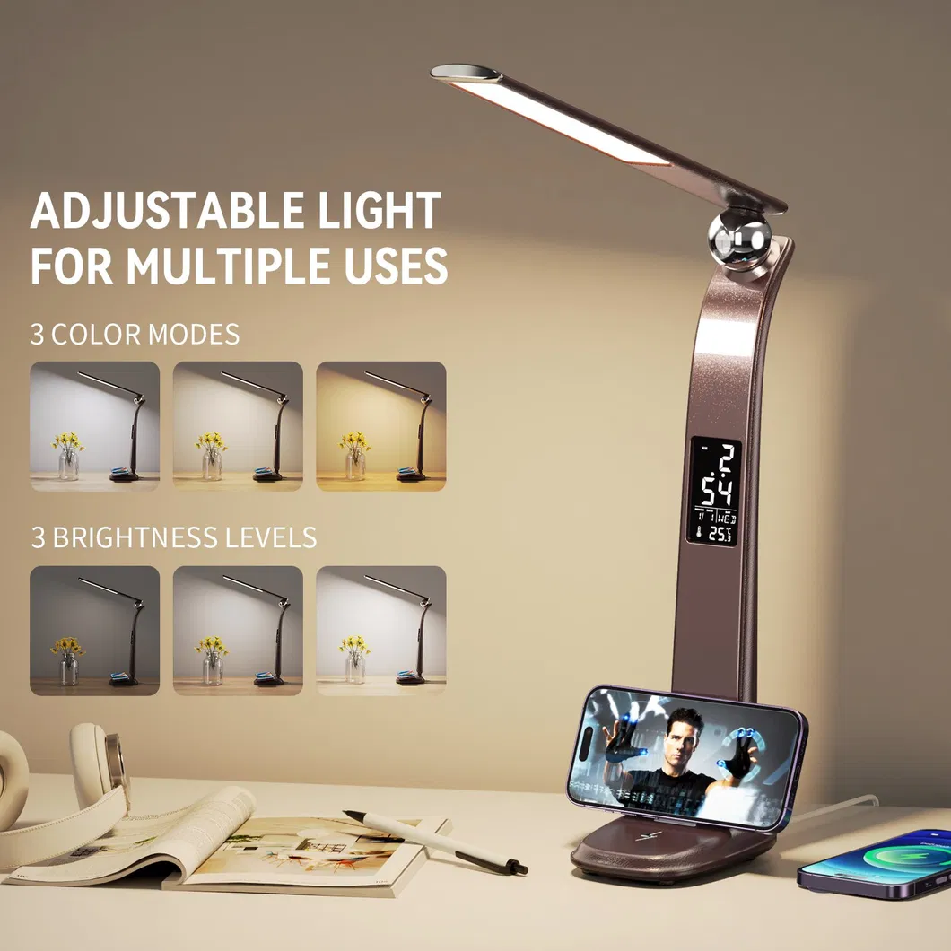 Foldable Digital Alarm Clock with Wireless Charging Desk Lamp Calendar