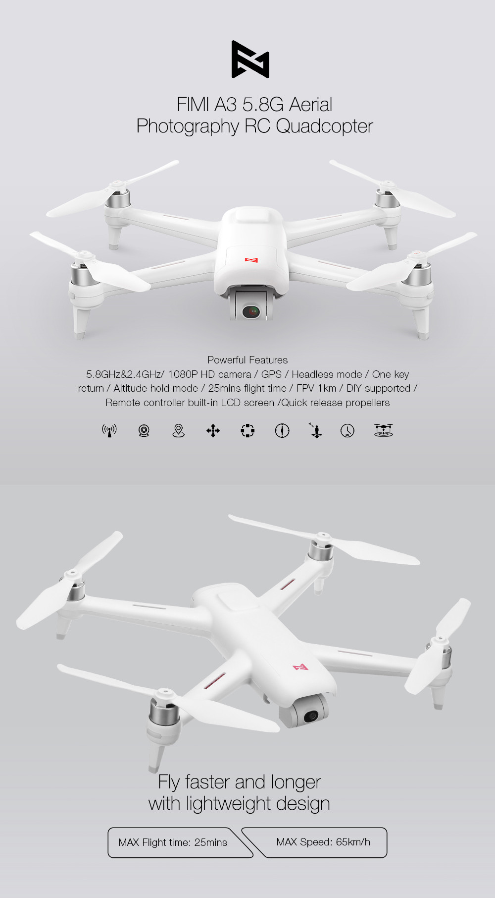 Fimi A3 1080P GPS  DRONE Xiaomi drone A3 25mi flying time GPS FPV drone