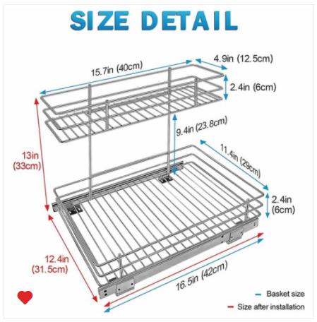 2 tier pull out basket storage size detail